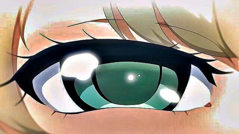 Seductive close-up of green anime eye with blonde lashes in ecchi hentai