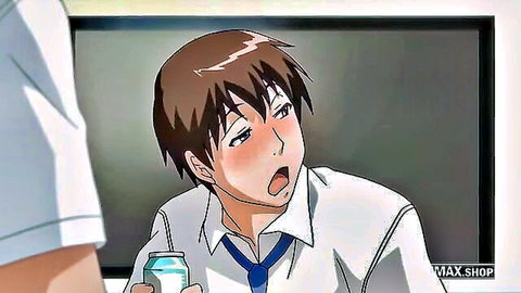 Blushing anime schoolboy in uniform holding milk carton hentai scene