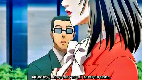 Brunette hentai woman in red suit jacket flirts with suited glasses man in episode scene