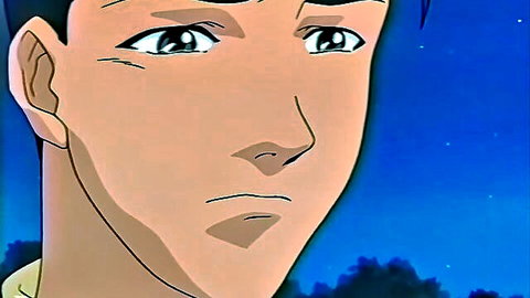 Intense anime boy with sharp eyes and serious frown in starry night hentai scene