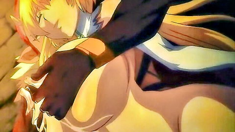 Busty blonde anime girl with massive tits pressed against muscular arm in fantasy embrace