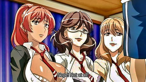Three busty hentai schoolgirls with massive tits spilling out of open blazers on stage