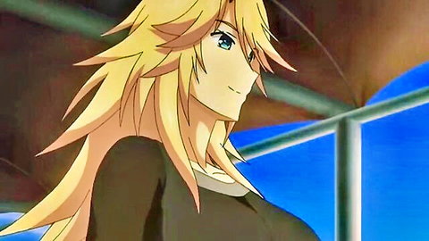 Blonde anime boy with spiky hair smirking outdoors under green canopy