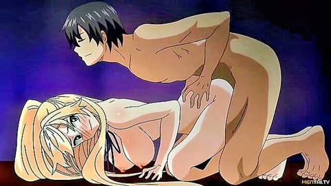 Blonde hentai babe with huge tits fucked doggy style by nude guy from behind