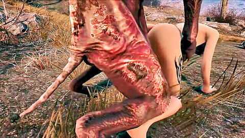 Tattooed blonde big ass woman fucked doggystyle by red monster's huge tentacle cock outdoors in 3D fantasy