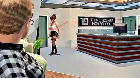 Busty hentai secretary in tight blouse and stockings at school desk