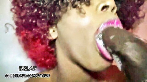 Misty Stone giving sloppy ebony blowjob with pink lips and curly hair