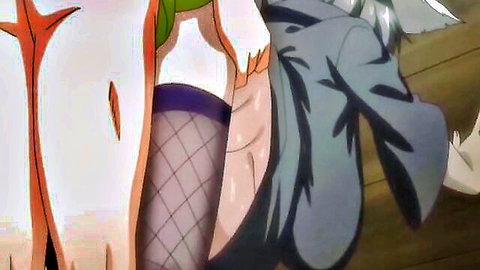 Hentai anime girl in torn black stockings and white panties teased by hand