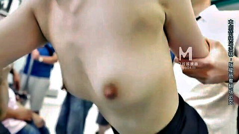 Topless Asian office lady exposed on public metro with small tits