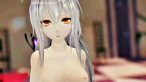 Skadi Arknights hentai nude MMD dance, silver hair, red eyes, purple wings exposed