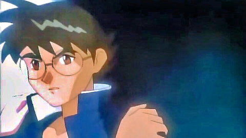 Anime boy with glasses and spiky green hair in blue uniform serious closeup