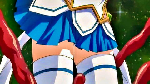 Hentai anime babe's big juicy ass in blue skirt and white stockings groped by red tentacles