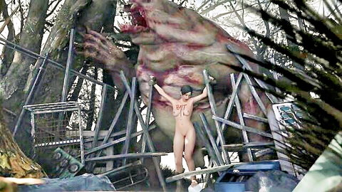 Naked brunette bound spread-eagle outdoors with massive green monster looming to fuck her pussy