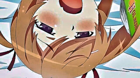 Blushing anime girl in bloomers holding book in hentai scene