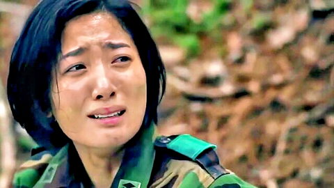 Crying Korean woman in camouflage military uniform, emotional BDSM scene