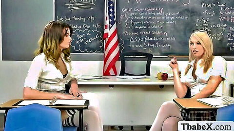 Izzy Wilde and Asia Belle in sexy college classroom outfits with stockings