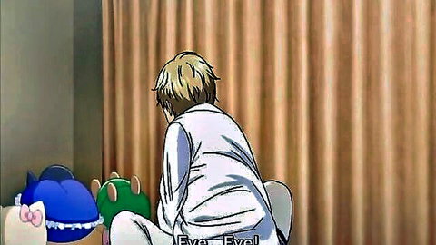 Blonde anime girl in white shirt with plush toys, hentai otaku gal scene