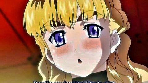Blonde hentai girl with big blue eyes blushing surprised O-face closeup