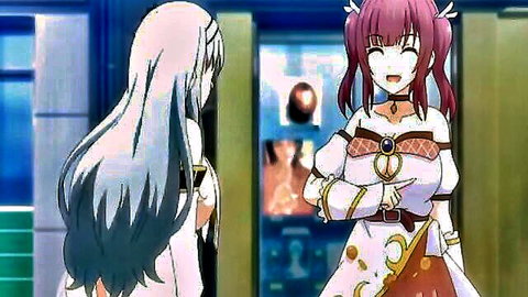 Busty pink-haired hentai girl with huge tits chats with silver-haired anime babe in locker room