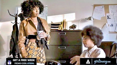 Ebony detective in leather outfit teases cop partner in office teaser