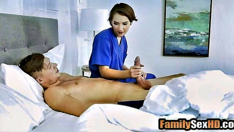 Nurse step-sister handjobs injured brother's big cock in bed