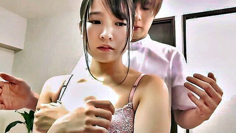 Aoi Kururugi in slimy oil massage, man touching her lacy bra