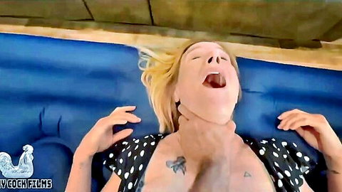 Jane Cane blonde MILF choked in polka dot dress during stepmom self-defense scene