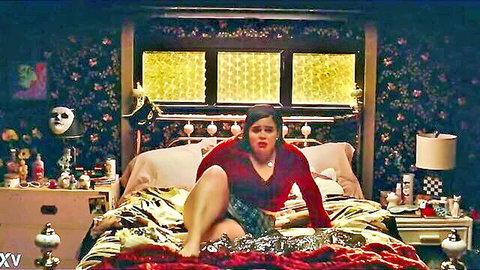 Curvy BBW brunette spreads legs wide on bed in red sweater and plaid skirt teasing pussy