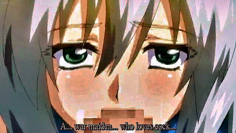 Blushing anime war maiden with white hair and green eyes in futanari hentai