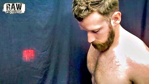 Bearded muscular otter blindfolded in raw gay fuck scene