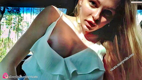 Blonde girlfriend in low-cut white top teases cleavage in car before trans blowjob