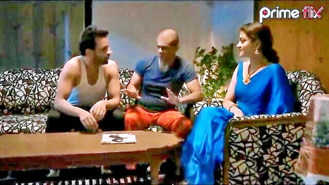 Hot Indian woman in blue saree with two men in steamy Desi Romeo web series