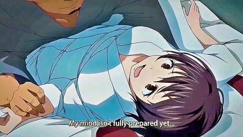 Anime hentai girl with exposed big tits groped by dark-skinned hand on bed