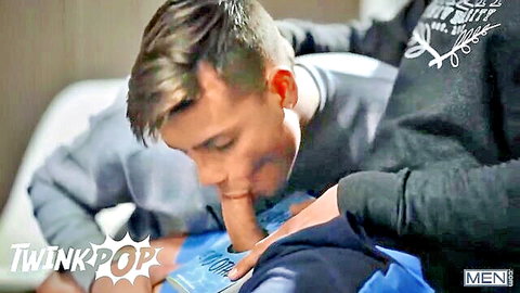 Young gay twink deepthroats big cock in intense blowjob on bed