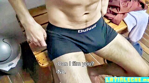 Muscular Latino teen in black underwear, shirtless on bench, gay porn teaser