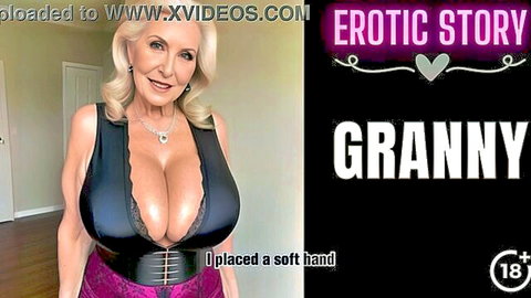 Busty blonde granny in black lace lingerie with deep cleavage