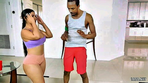 Rose Monroe in workout gear fondles black cock in personal training