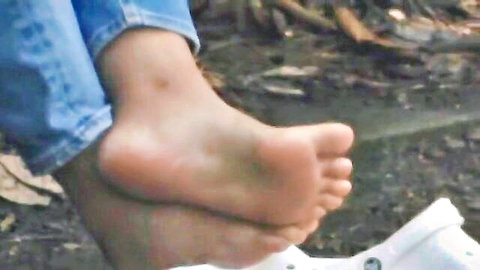 Asian college girl dirty soles in jeans and Crocs rubbing BDSM foot fetish preview