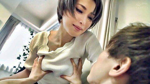 Japanese aunt in white sweater leans in for intimate oral JAV scene