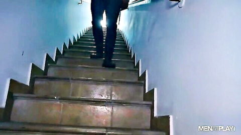 Handsome man walks up stairs in tight pants teasing his firm ass from behind POV