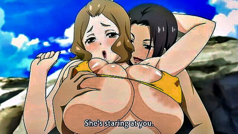 Busty hentai girls with massive tits embrace outdoors, one staring lustfully with tongue out.