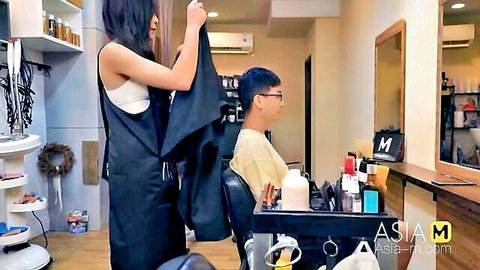 Ai Qiu in sexy barber shop roleplay, apron over tank top