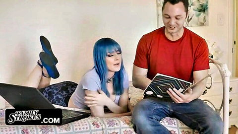Blue-haired goth stepsister lounges with stepbrother on bed during study session