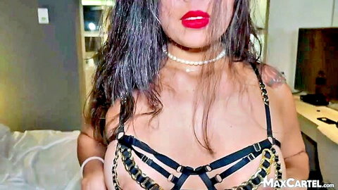 Latina brunette exposing huge bare tits in sexy black harness bra hotel POV tease