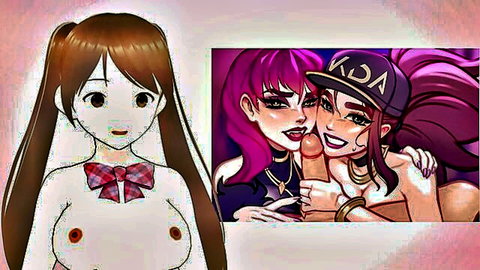 Twin-tailed anime girl exposes perky nipples watching KDA lesbians finger wet pussy