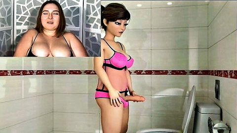 Chubby brunette real vs 3D animated in pink lingerie holding cock