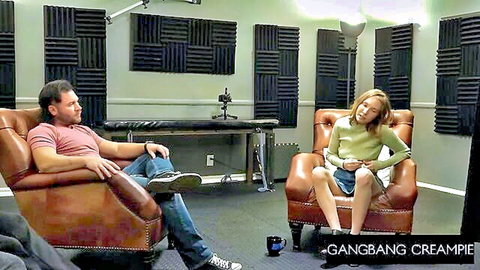 Hot blonde babe interviewed in studio before gangbang creampie