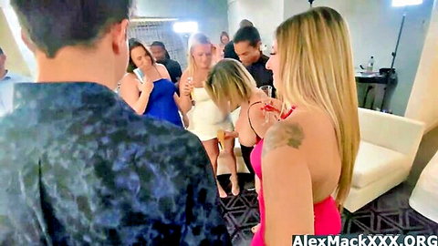 Hot blondes in sexy mini dresses surrounded by guys at party before rough gangbang orgy