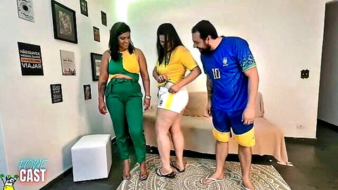 Two curvy Brazilian babes in sexy soccer jerseys tease with guy in casting interview