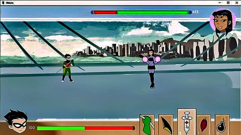 Robin battles busty purple-skinned babe Starfire on city rooftop in Teen Titans hentai video game